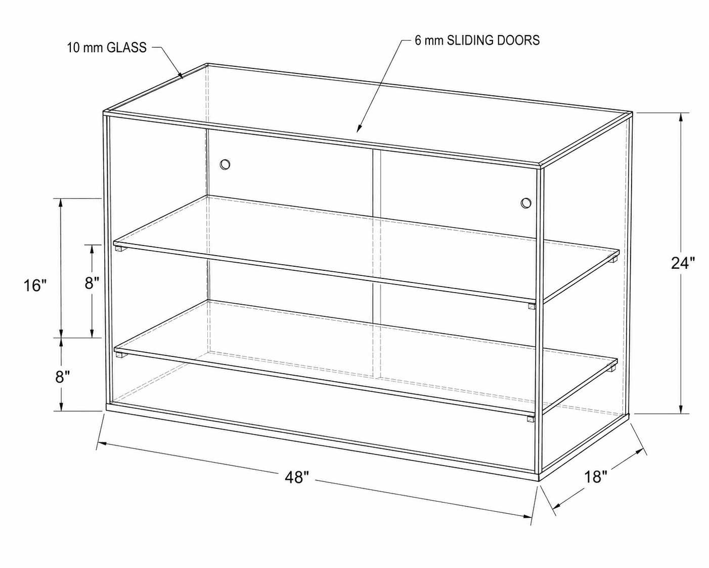 Dimensioned shop drawing of a glass display case labelled 10 mm glass with 6 mm sliding doors.