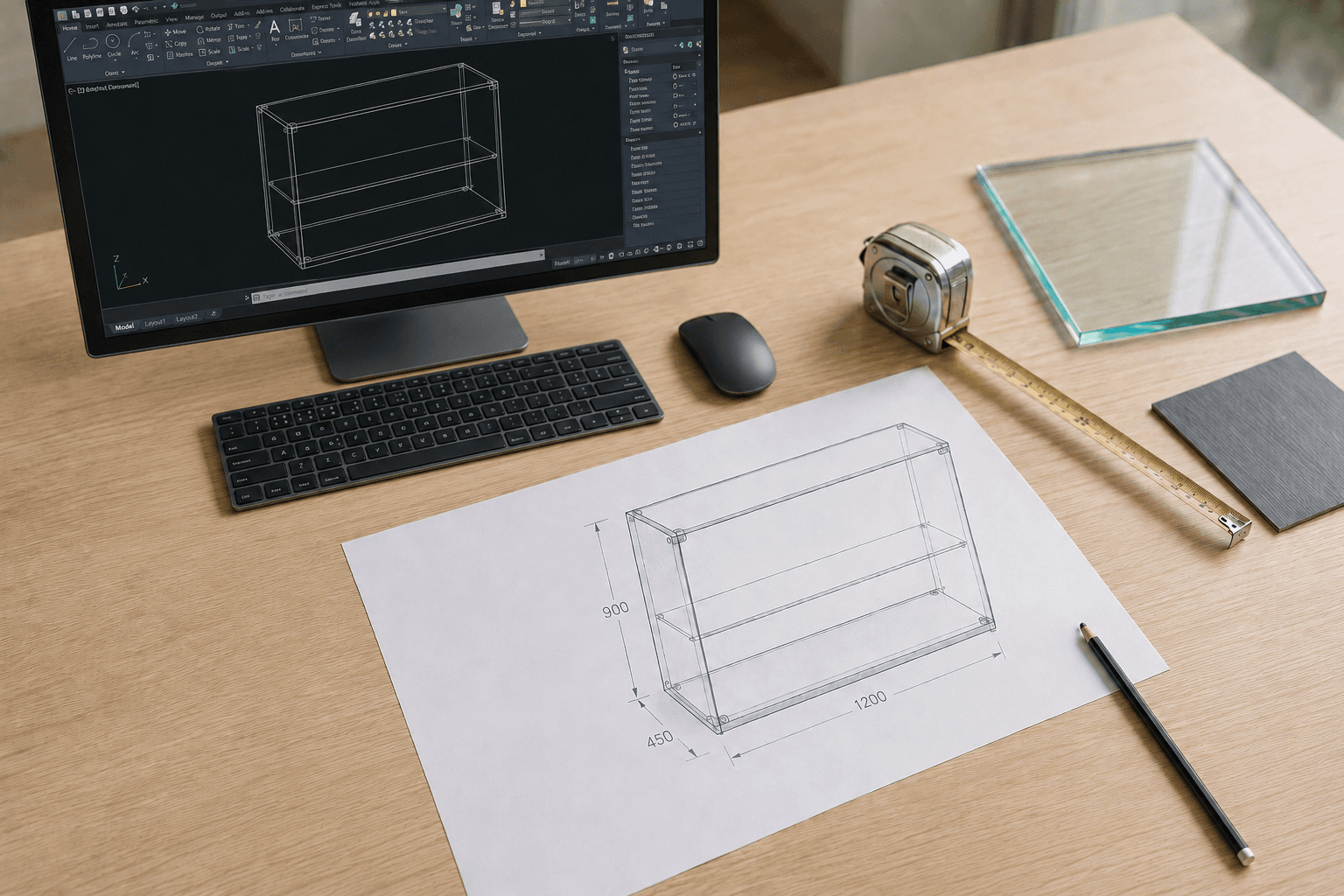 Design desk with a CAD model of a display case on screen beside a dimensioned hand sketch, tape measure, and glass sample.