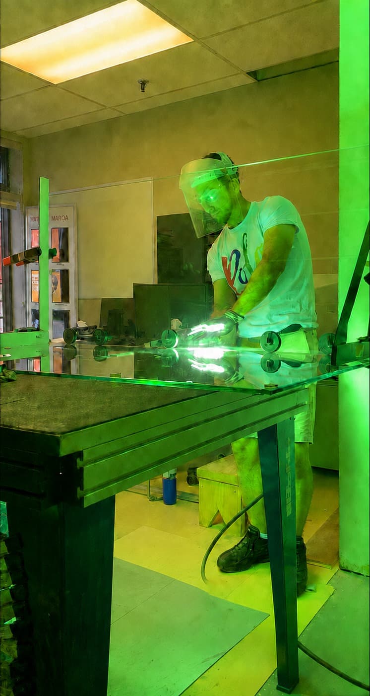 Technician in a face shield edge-finishing a large glass panel on a workbench in the fabrication facility.