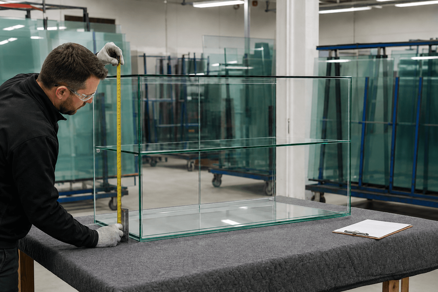 Technician in safety glasses and gloves measuring a finished glass display case with a tape measure on a padded workbench during inspection.