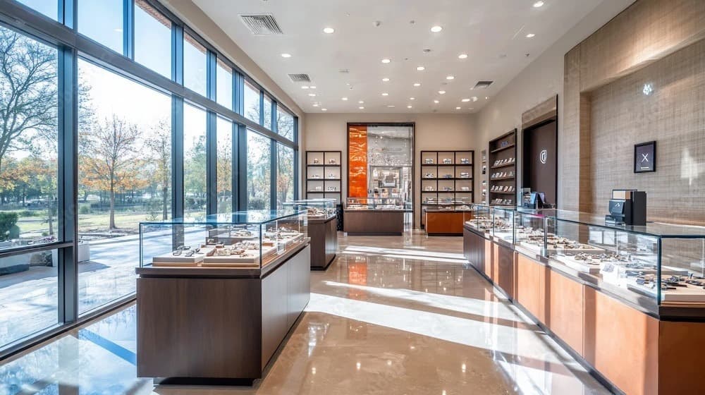 Glass jewellery display cases and cabinetry in a bright, upscale luxury retail boutique